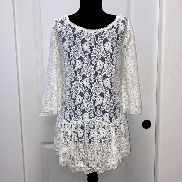 NEW FREE PEOPLE Sheer Lace White Peasant Tunic Blouse Sexy Babydoll Hi-Low Top S - Picture 3 of 13
